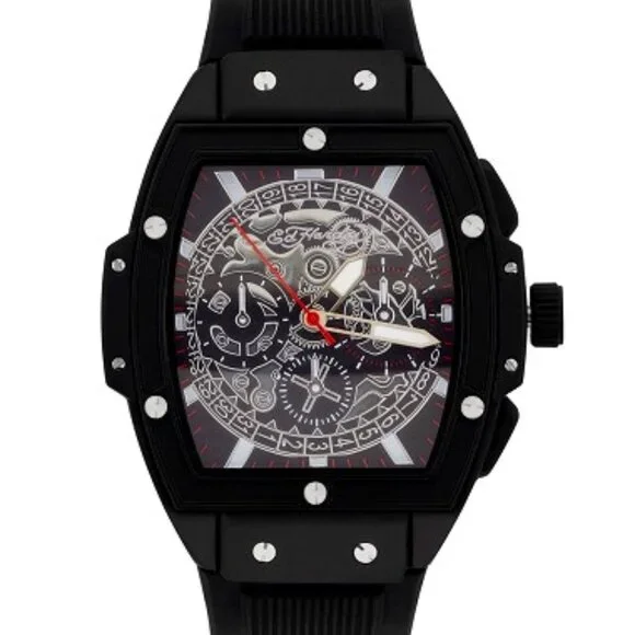 ED HARDY TONNEAU BLACK/RED/SILVER 3 HAND MEN'S SILICONE STRAP WATCH**NEW! - Picture 1 of 4